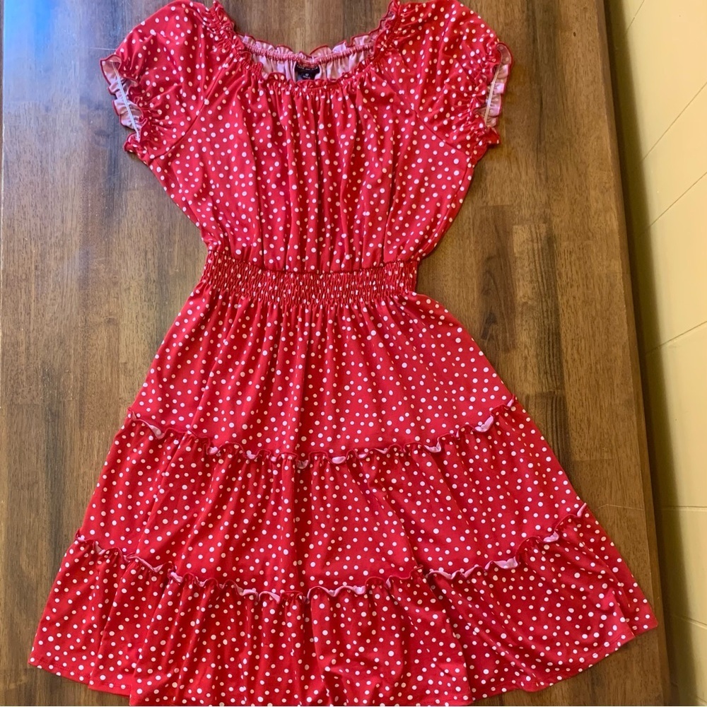 Kate and Lily 12 Ruffled Smocked Midi Dress Red with White Polkadots Tier Skirt